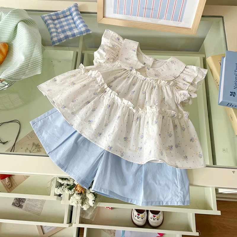 طقم بناتي 2025 صيفي جديد على الطراز الكوري بأكمام طائرة وطية صدر السترة بدون أكمام قميص وسراويل قصيرة طقم تصميم جديد #5