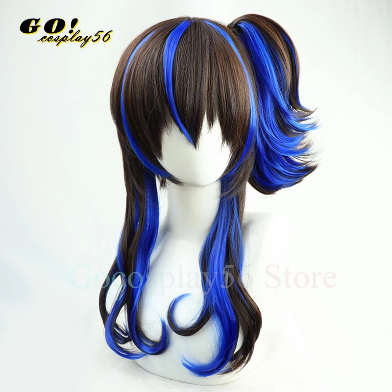 Derby Cosplay Peruca Feminina, Rabo de Cavalo Encaracolado, Cabelo Azul Misto, Interpretação de Meninas Idol, Derby Daitaku Helios, Marrom, Novo