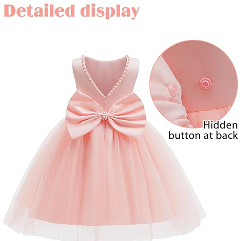 Kids Pearl Decor Bow Back Deep V Party Princess Dress For Young Girls Birthday Party Wedding Graduation Celebration Vestidos