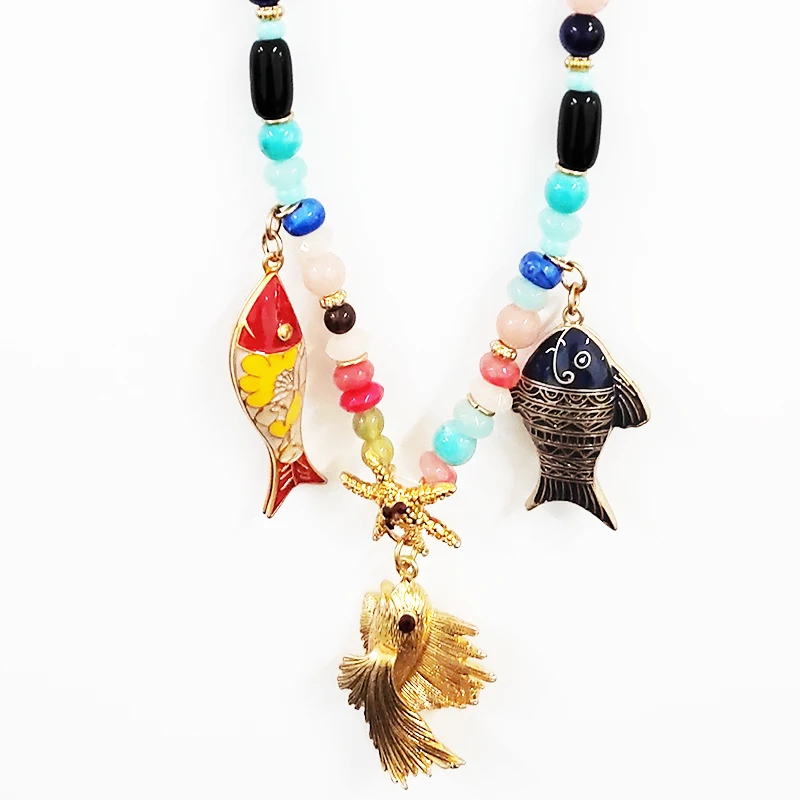 Starfish Necklace Ocean Marine Fish Boho Faux Pearl Collar Chunky Pendant Bird Heavy Gold Hummingbird Marine Chain Beads Choker