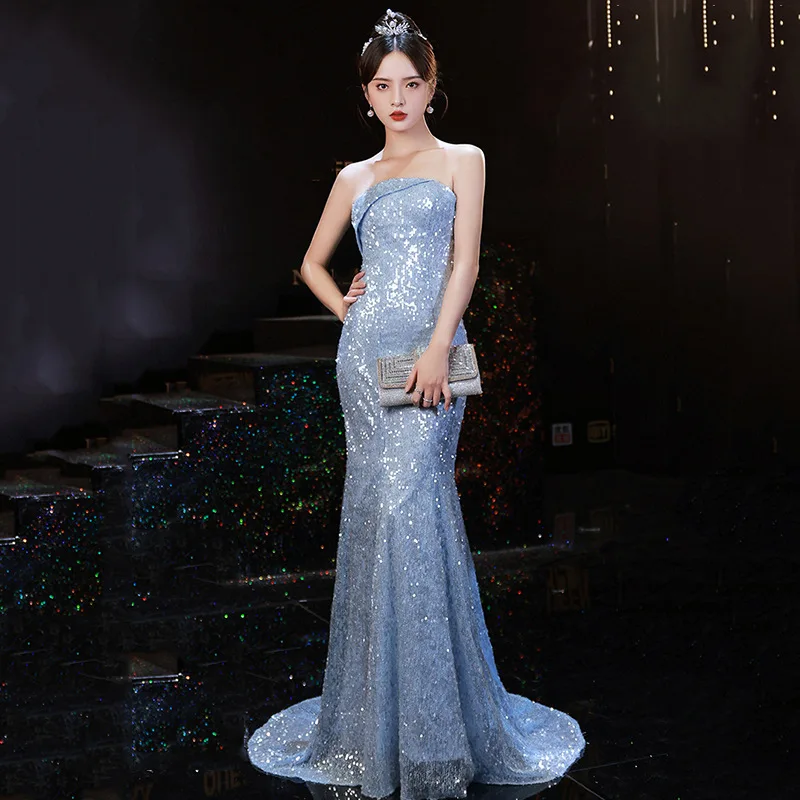 

2022 Strapless Sparkle Sequin Evening Dress Blue Sexy Mermaid Court Train Party Cocktail Gonws For Women New