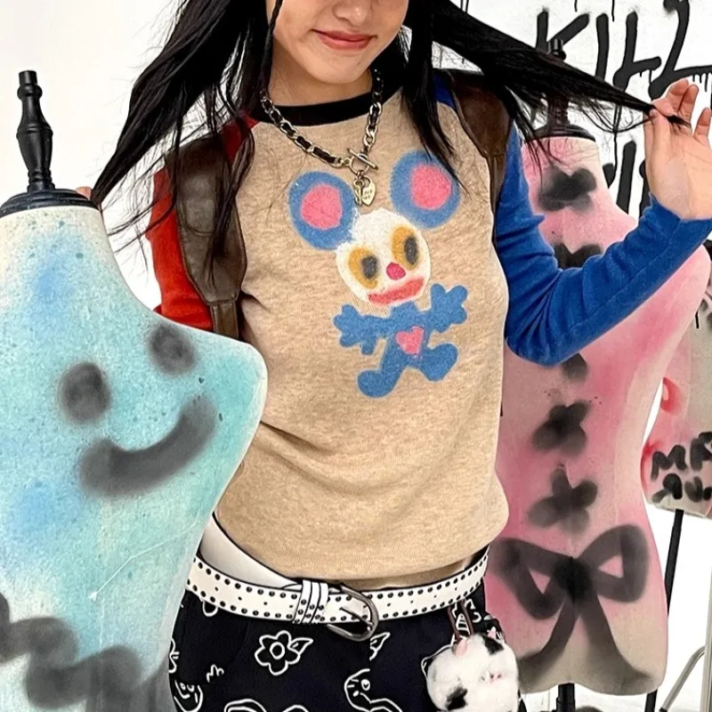 

Streetwear Cartoon Printed Slim Long-sleeved T-shirt Women 2025 Autumn New O-neck Contrast Color Patchwork Casual Tops