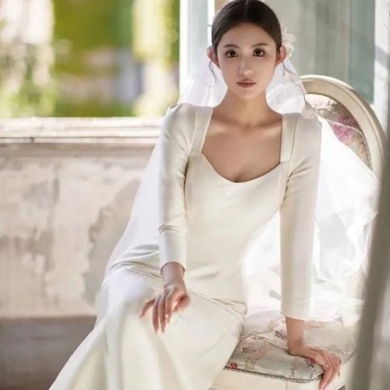 فستان زفاف من الساتان الأبيض الخفيف بأكمام طويلة يغطي الذراع أنيق حورية البحر خفيف فاخر ثوب زفاف العروس المتخصصة