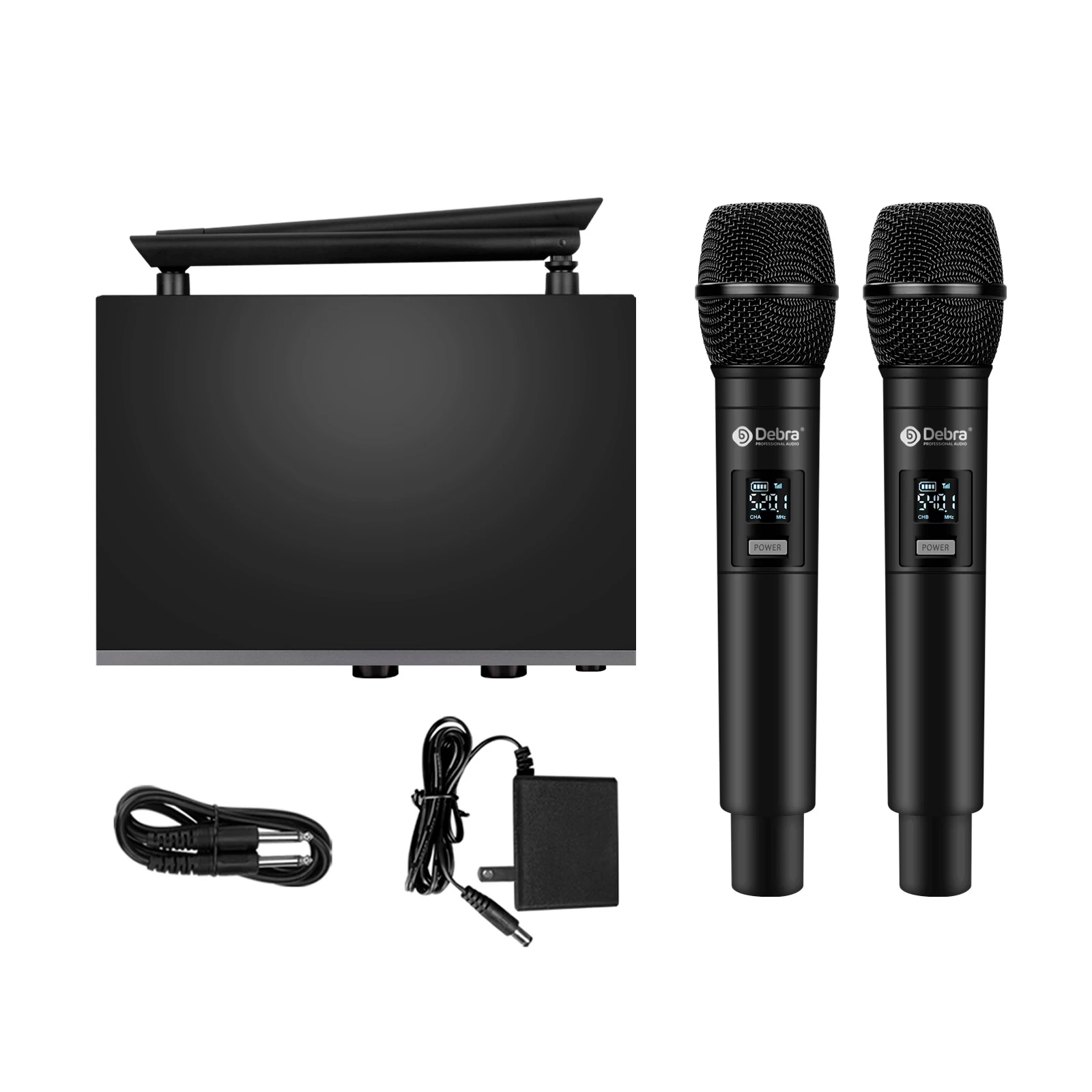 Professioneel UHF draadloos microfoonsysteem 2 kanalen met 60 m bereik, LCD-scherm, handheld/lavalier/headsetmicrofoons voor spraak, mij - afbeelding 2