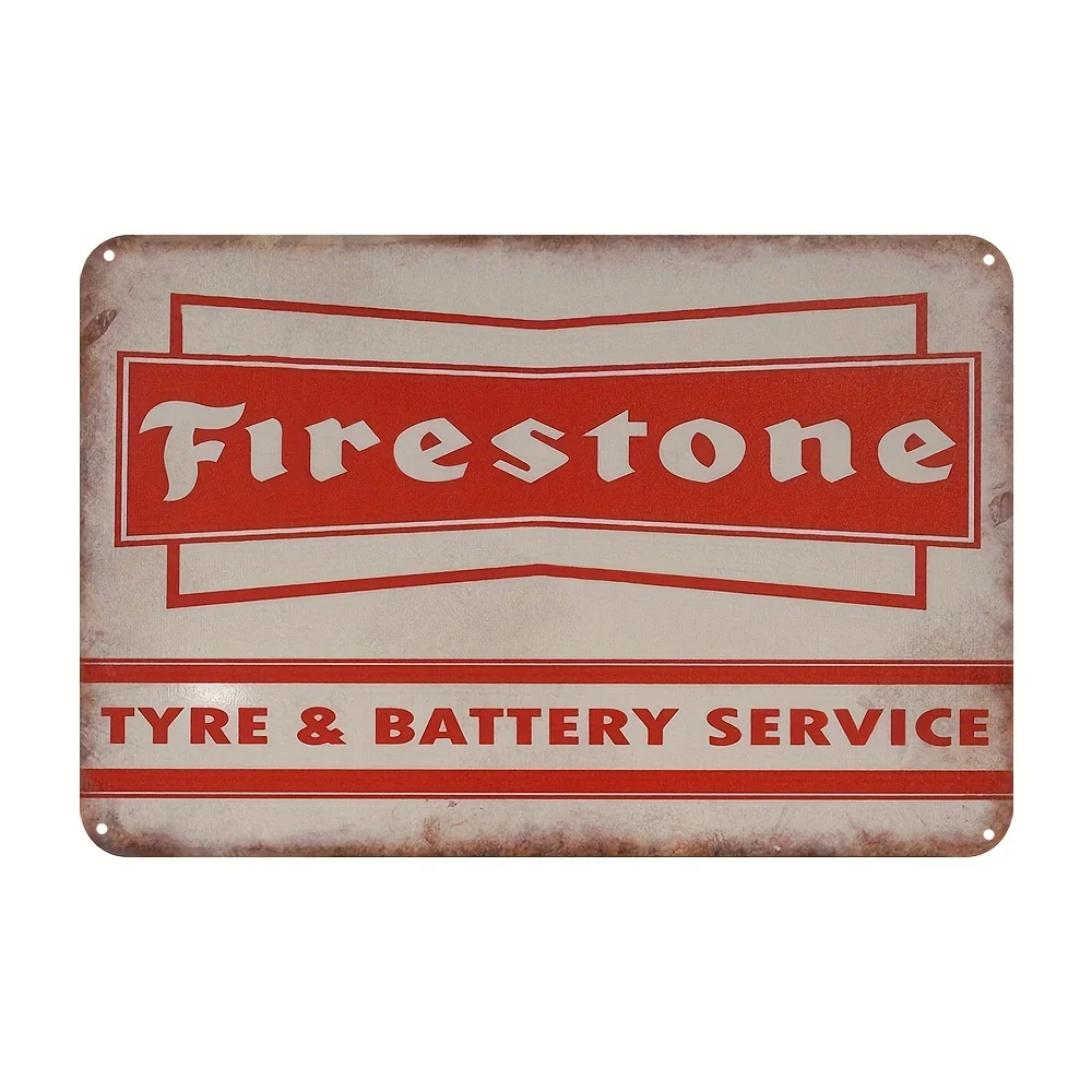 Firestone Vintage Metal Tin Sign,  Wall-Mounted Decorative Plaque for Garage, Mechanic Shop, Home - Tyre & Battery Service, Ret