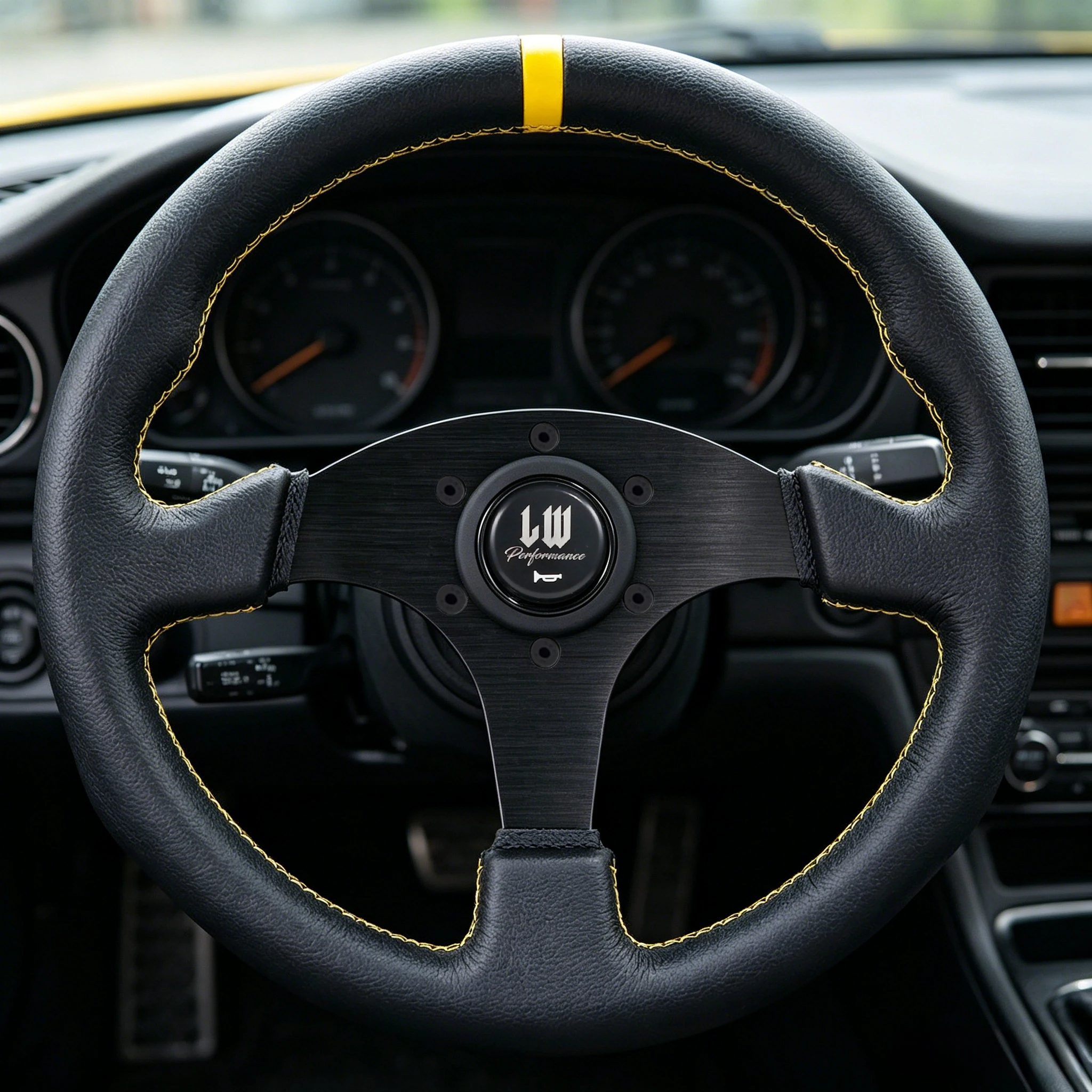 LW 330mm Flat Style Leather Racing Sport Steering Wheel