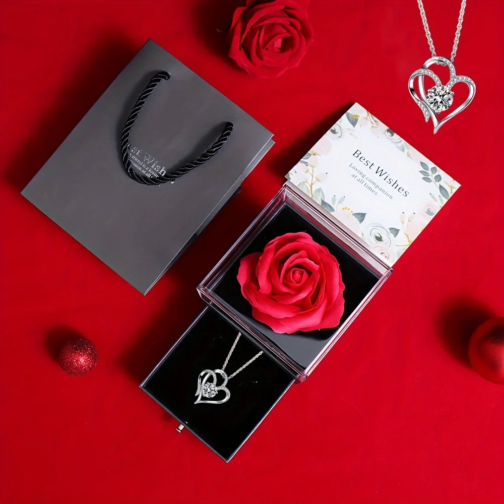 قلادة مع صندوق هدايا على شكل زهرة وردية، سلسلة أحبك على شكل قلب لصديقتك، مجوهرات حفلات الذكرى السنوية الرومانسية #6