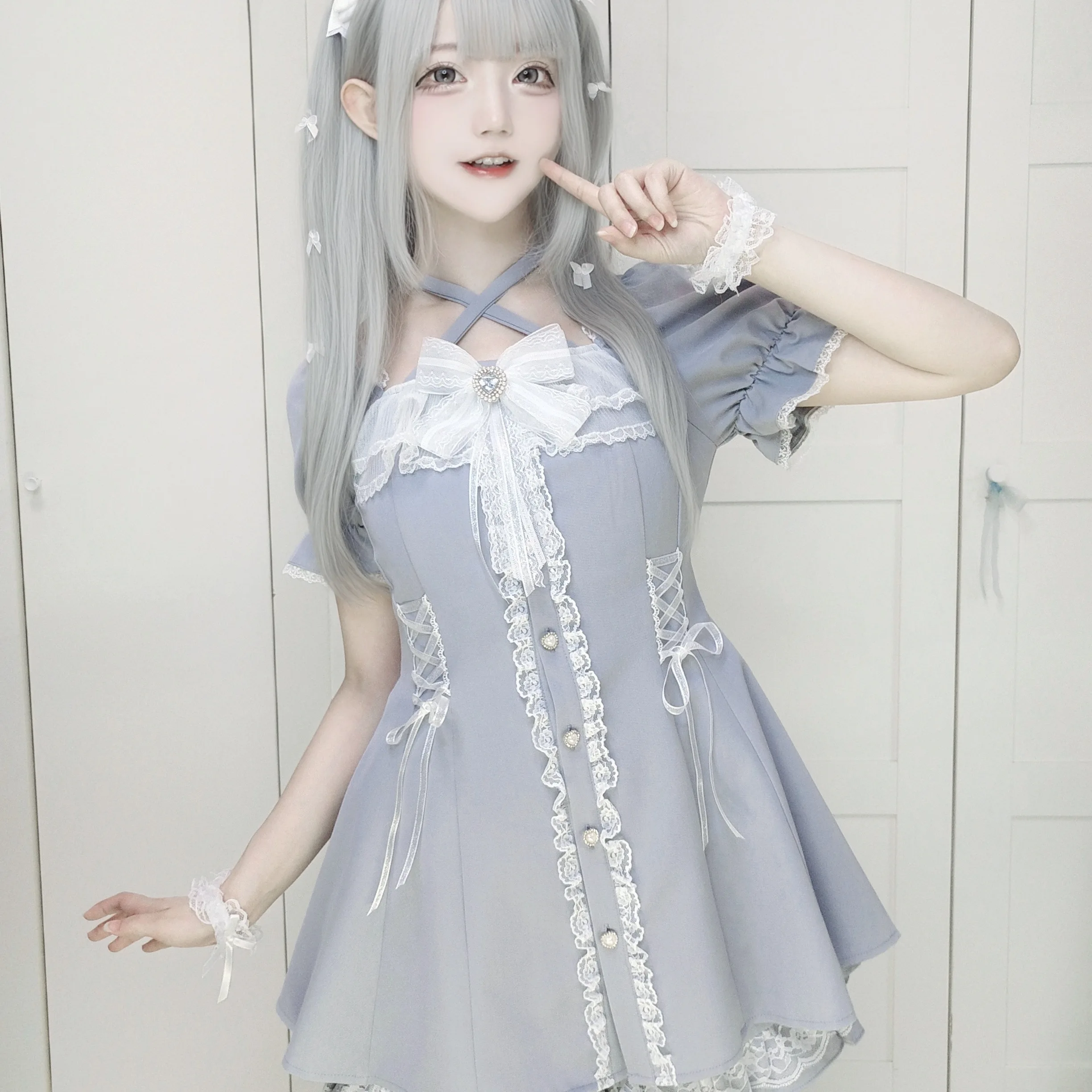 اليابانية الألغام الإنتاج الضخم لوليتا فستان قصير الأكمام مجموعة 2025 جديد الفتيات سليم صالح الحلو لطيف القوس فستان السراويل 2 قطعة مجموعة #6