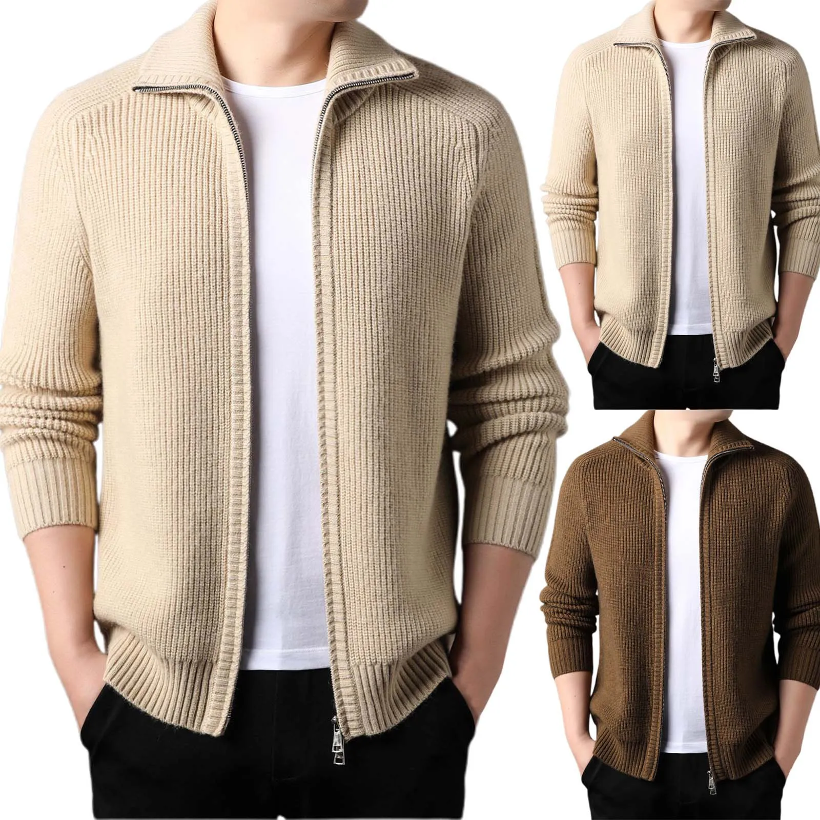 Men Cardigan Knit Outwear Jacket Sweater Zipper Turndown Collar Thick For Autumn And Winter Casual Male Fashion Clothing 2024