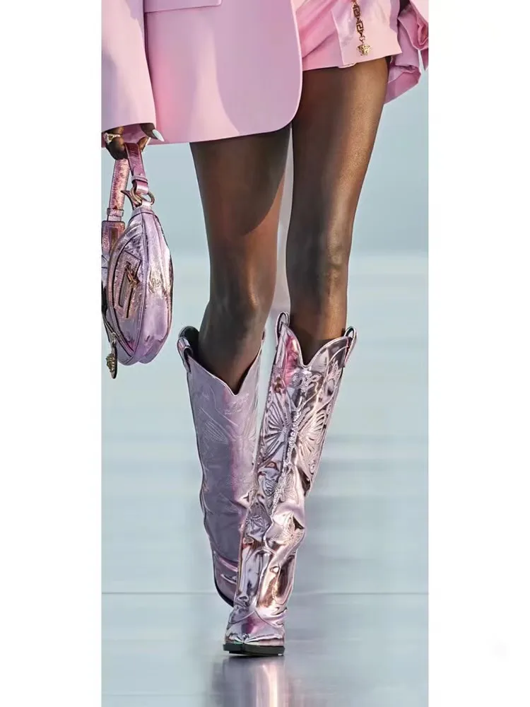 

Faion Boots Metal Pointed Toe Knot Embroidery Sve High Heel Women's Knight Boots Winter Rubber Outsole PU Leather