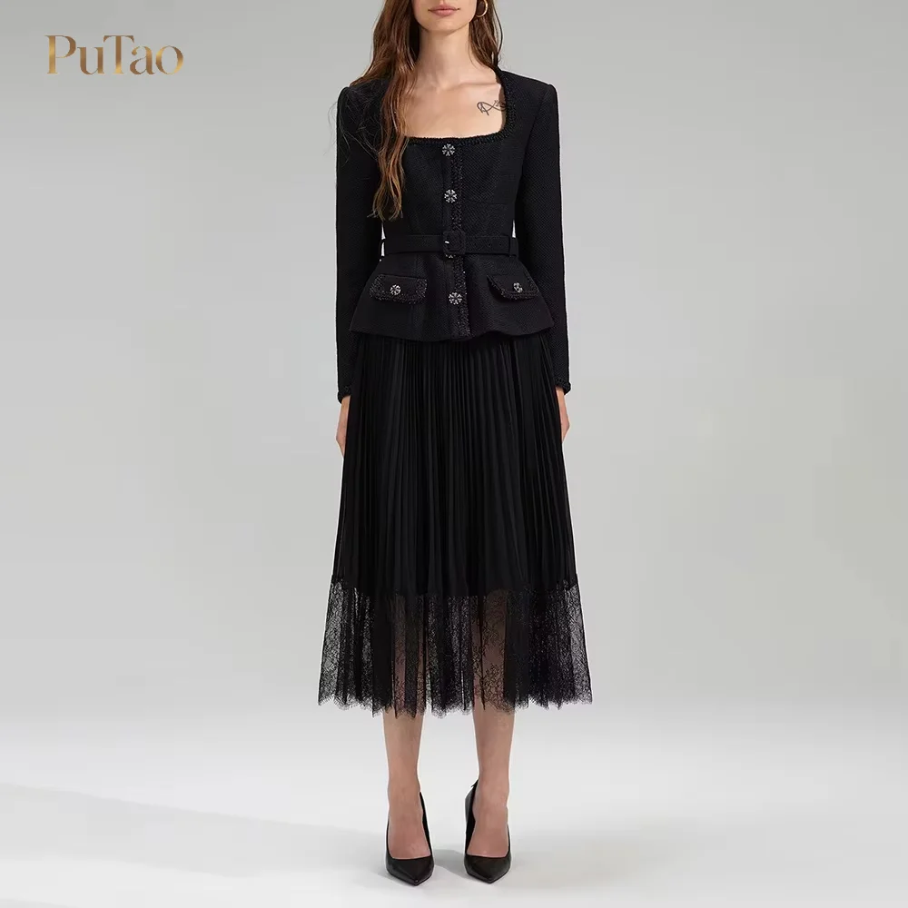 Putao Black Tweed Patchwork Midi Dress Square Neck Long Sleeve Belted Waist Pleated Lace Hem Fake Two Piece Formal Party Dress