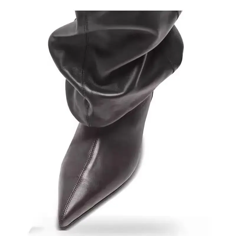 

Stacked Botas Solid Color Leather Catwalk Style Party Fashion Boots Large Circumference High Heel Boot Pointed Toe Wedge Heels