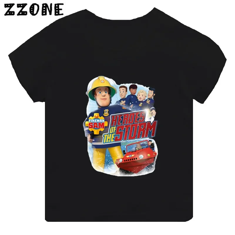 Hot Sale Fireman Sam Print Cartoon Kids T-shirt Funny Girls Clothes Baby Boys Black Short Sleeve T shirt Children Tops,TH2450