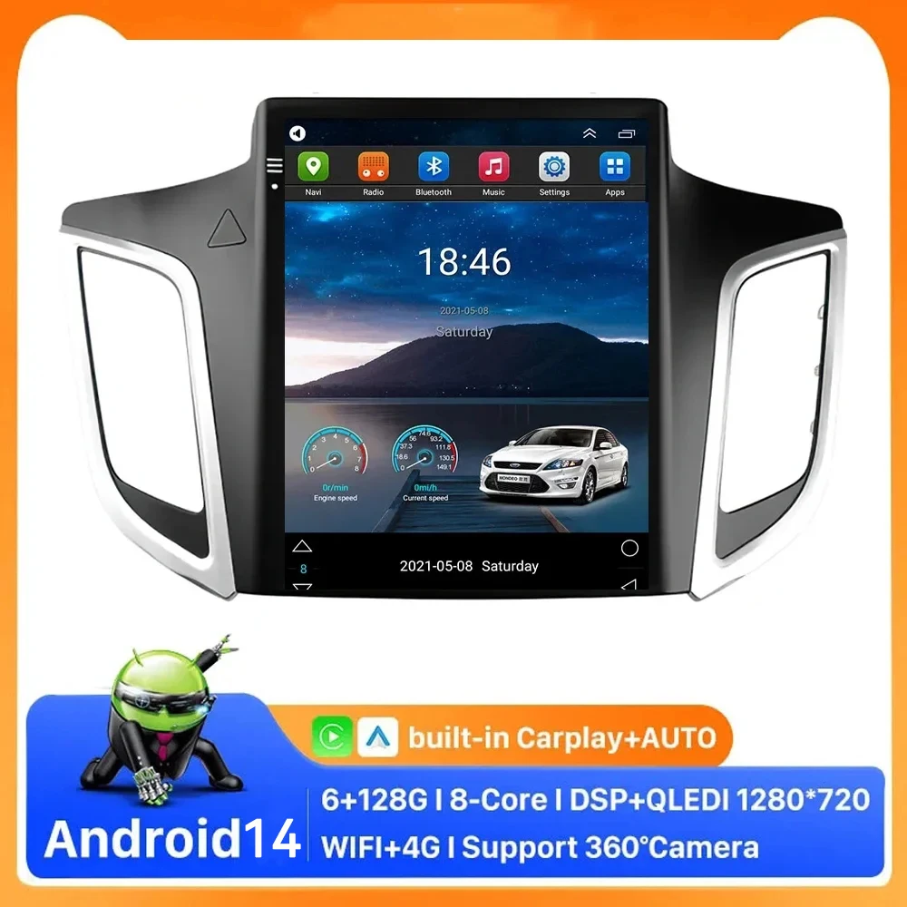 9.7Inch Android 14.0 Car Radio For Hyundai Creta IX25 2015-2017 2018 2019 Autoradio Vertical Screen Multimedia Player Navigation