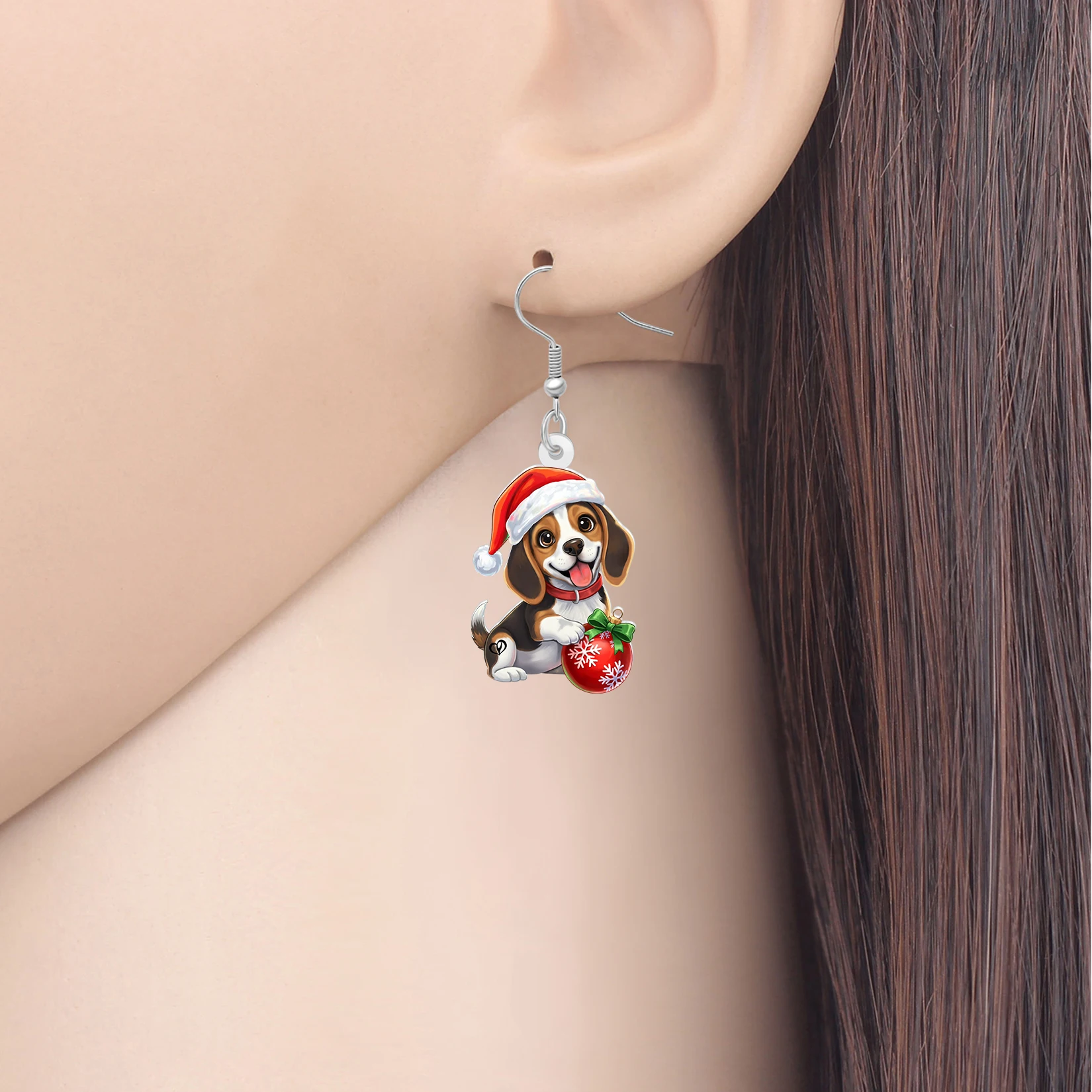 BONSNY Acrylic Cute Christmas Beagle Dog Earrings Santa Hat Puppy Cartoon Animals Jewelry Xmas Party Gifts For Women Pet Lovers