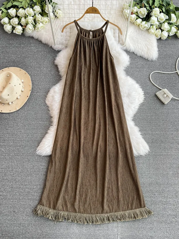 

SsTss Sleeveless Dress for Women Summer Solid O Neck Spaghetti Strap Loose Waist Tassels Trim Casual Beach Party Long Sundress