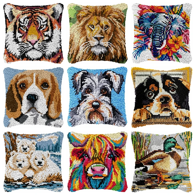 

Tiger Lion Elephant Latch Hook Mat Kits Embroidery DIY Cute Animals Dogs Button Pad Package Embroidery Pillow knooppakket Decor