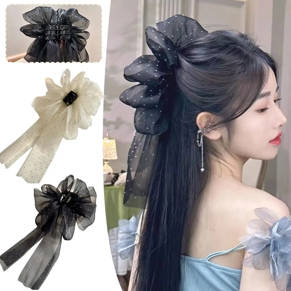 

White Rhinestone Drifting Clouds Grab Clip Mesh Bow emperament Sweet Claws Hair Hair Cute Clip Accessories Hair Women Headd G1K6