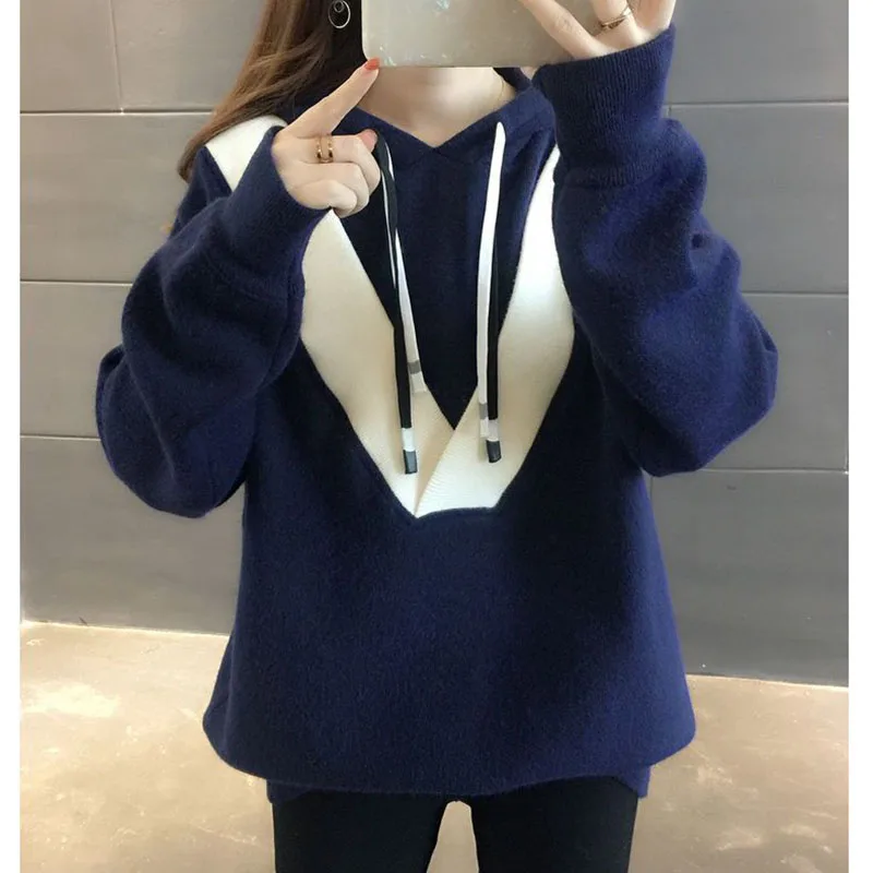 Fashion Hooded Lace Up Fake Two Piece Hoodies Female Clothing 2023 Winter New Oversized Casual Pullovers Korean Sweatshirts