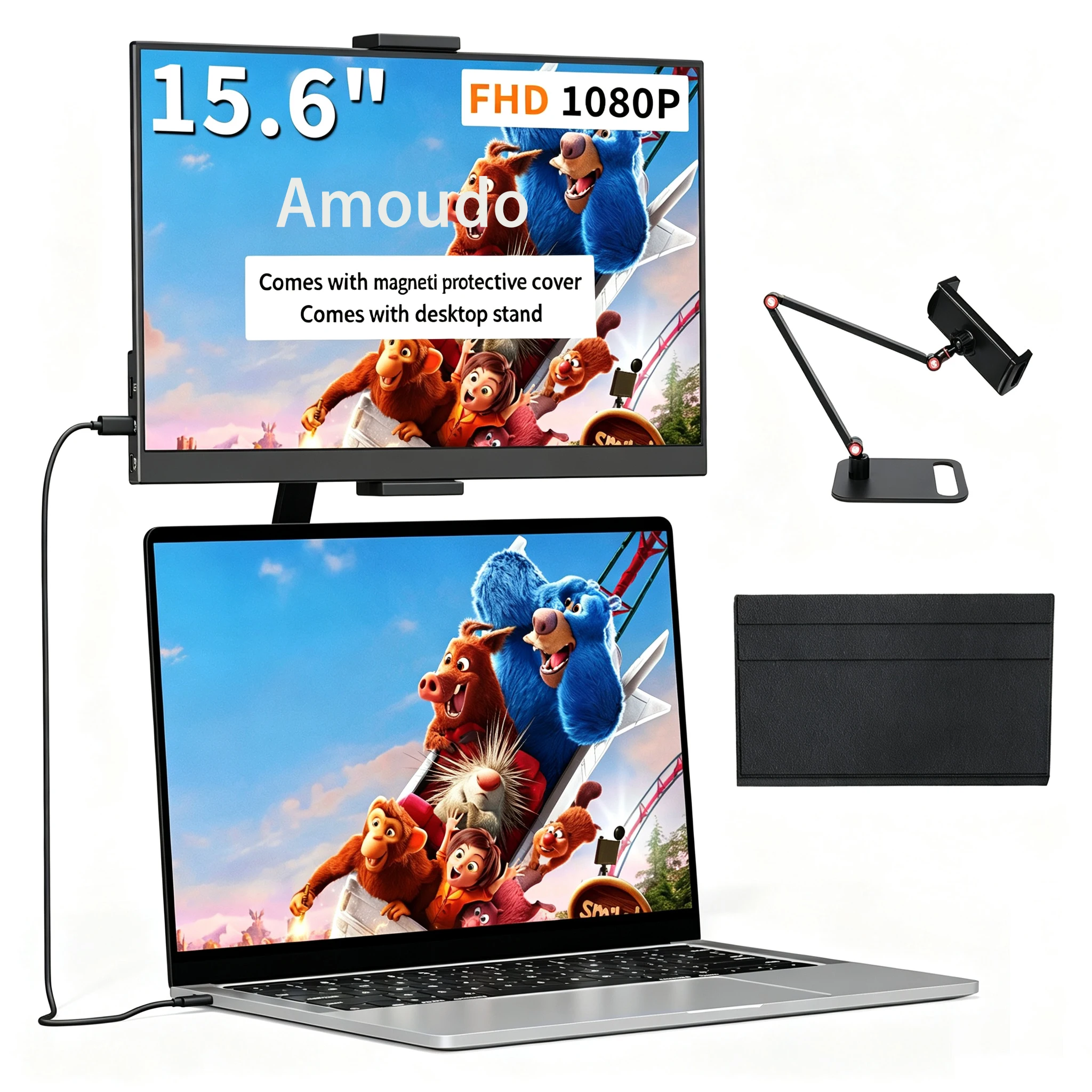 Przenośny monitor Amoudo 15,6 cala 1920x1080P 60Hz z podstawką, USB Type-C i Mini HDMI, dodatkowy ekran do PS4, Xbox, Switch, PC, Mac