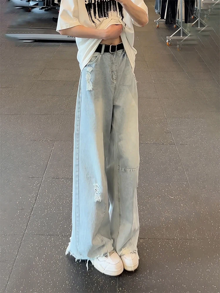 

Светло-голубые мужские джинсы-клеш с эффектом потертости, летние, американского стиля, с высокой талией, прямые, износостойкие, свободного кроя