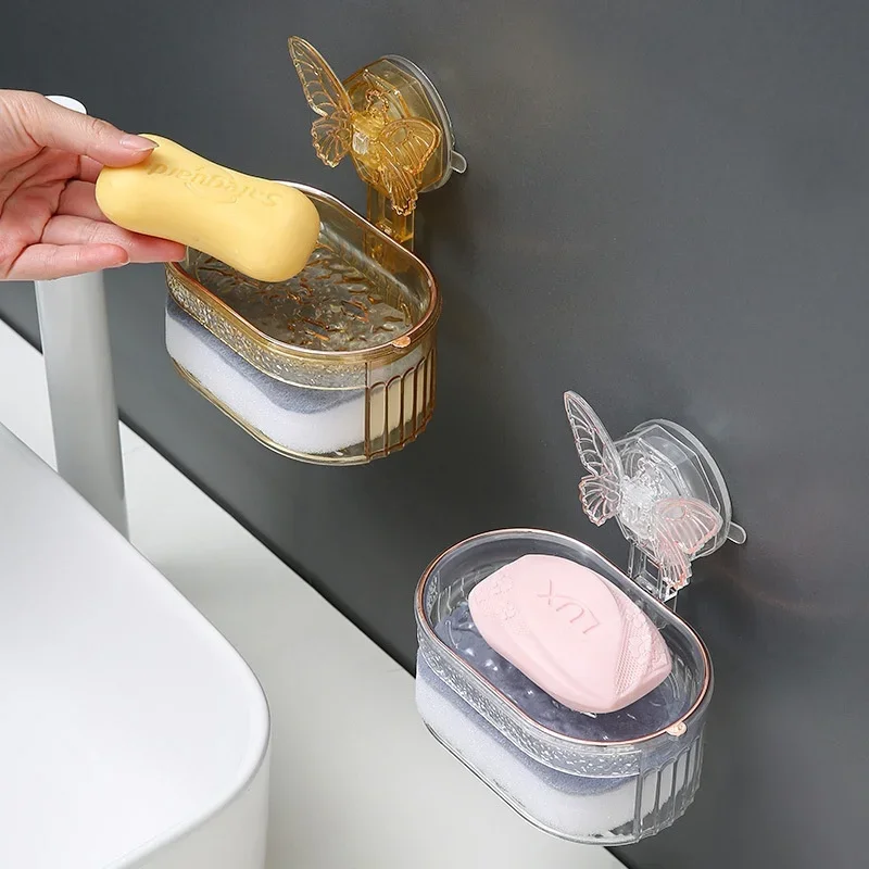 Suction Cup Soap Holder with Butterfly Design, Double Layer Soap Box with Sponge and Drainage, No Drilling Soap Storage Shelf