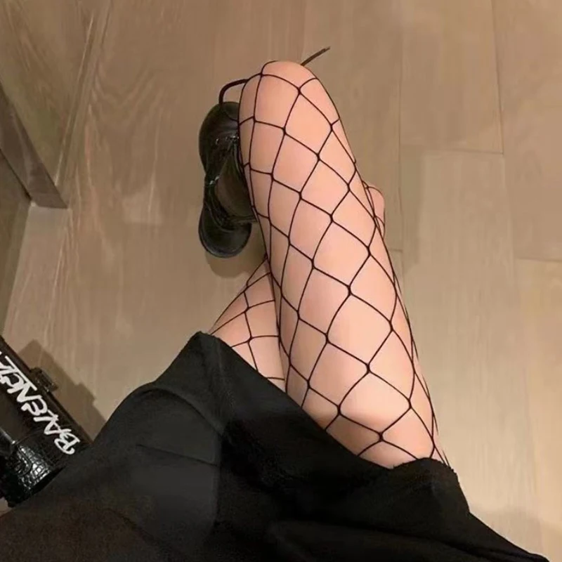 Sexy Netzstrumpfhose in Schwarz im Lolita-Stil, Kawaii Lange Fischnetz-Strumpfhose, JK Superelastische Retro Geometrische Spinnennetz Y2K Strümpfe – Detail 5