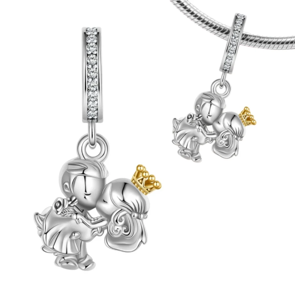 

925 Sterling Silver Valentine's Day Series New Bride & Groom Couple Kiss Charm Pendant DIY Bracelet Necklace Women Jewelry Gift