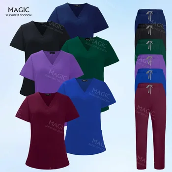 ملابس عمل تمريض لطبيب الأسنان للرجال والنساء ، زي طبي ، زي صالون تجميل ، ملابس عمل ممرضة ، توبات وسراويل جراحية للطبيب السريري