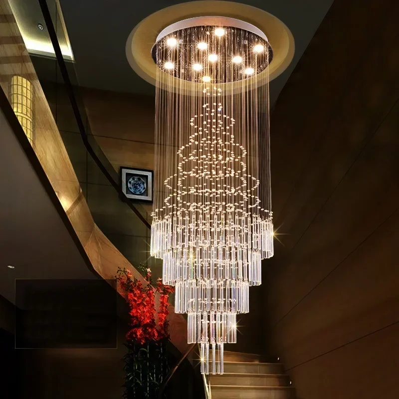 

Modern LED Staircase Crystal Chandelier Hotel Restaurant K9 Lamp Villa Large Living Room Home Lighting