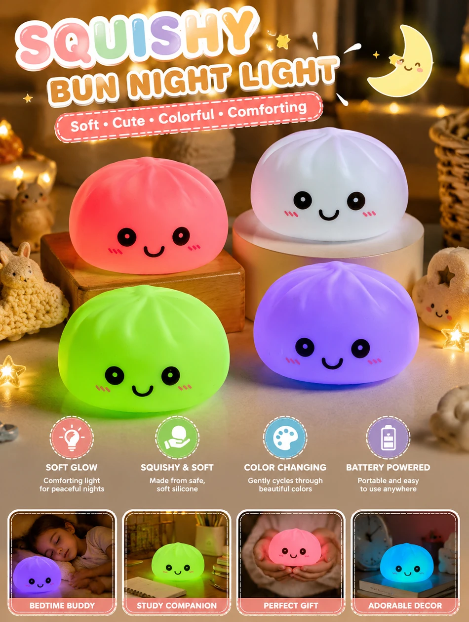 2027 LED Bun Squishy, Leuchtender Stressball, Leuchtender Blasen-Spuck-Brötchen, Realistisches Dampfbrötchen, Ästhetische Schreibtischdekoration – Detail 1