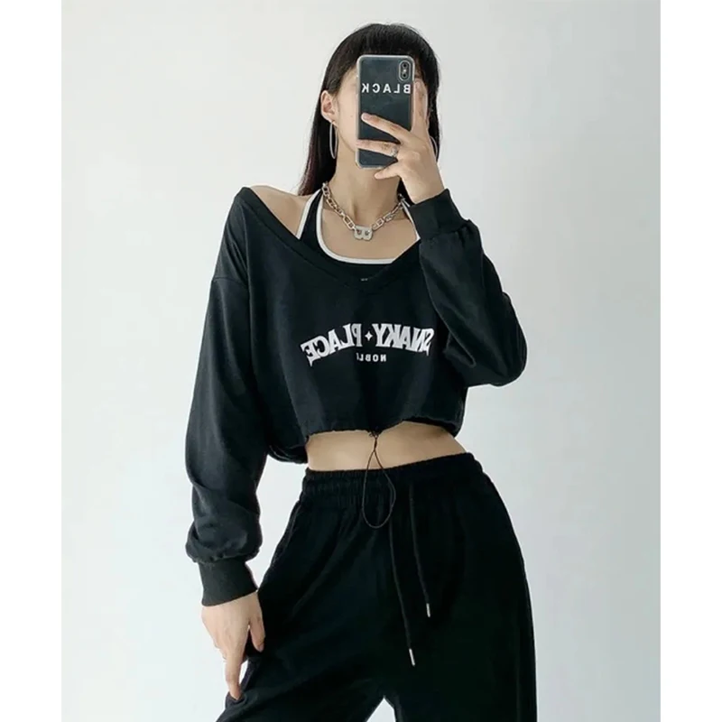 MEXZT Streetwear Crop Sweatshirts Women Harajuku Halter Camis Letter Print V Neck Pullover Y2K Two Piece Set Korean Hoodies Tops