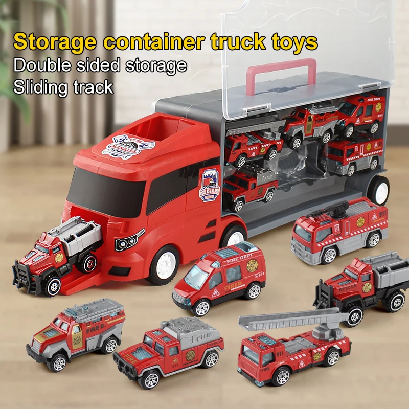 Children\'s Toy Police Model Alloy Container Truck Large Truck Fire Truck Storage Set Model Engineering Vehicle Boy Birthday Gift