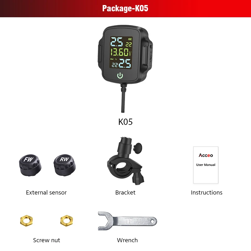 E-ACE TPMS نظام مراقبة ضغط الإطارات نظام الدراجات النارية اللياقة البدنية LCD عرض البيانات في الوقت الحقيقي للحالة الرقمية الدقيقة