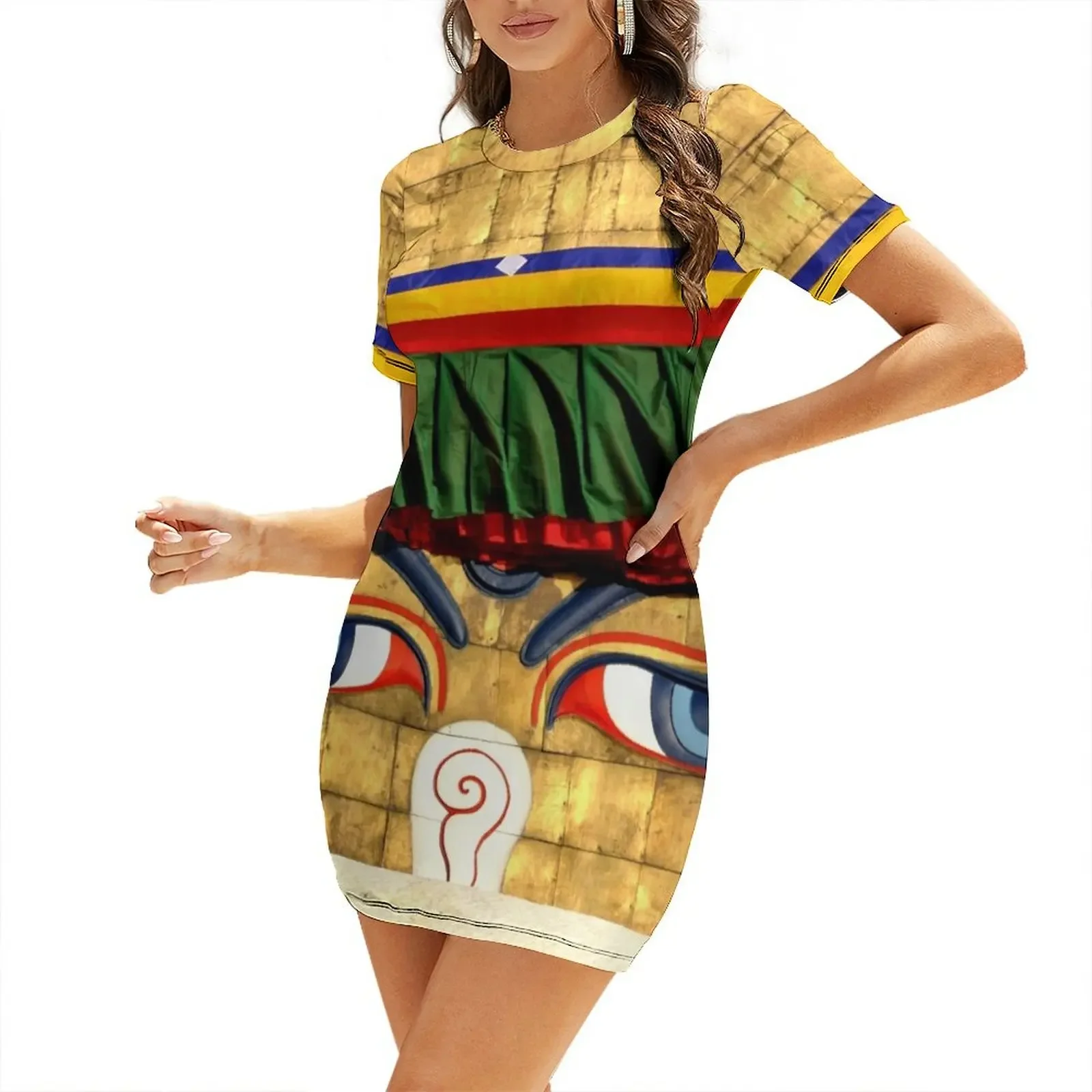 Sacred Stupa of Swayambhunath: Gaze of Wisdom Short-Sleeved Dress woman dress Dress woman