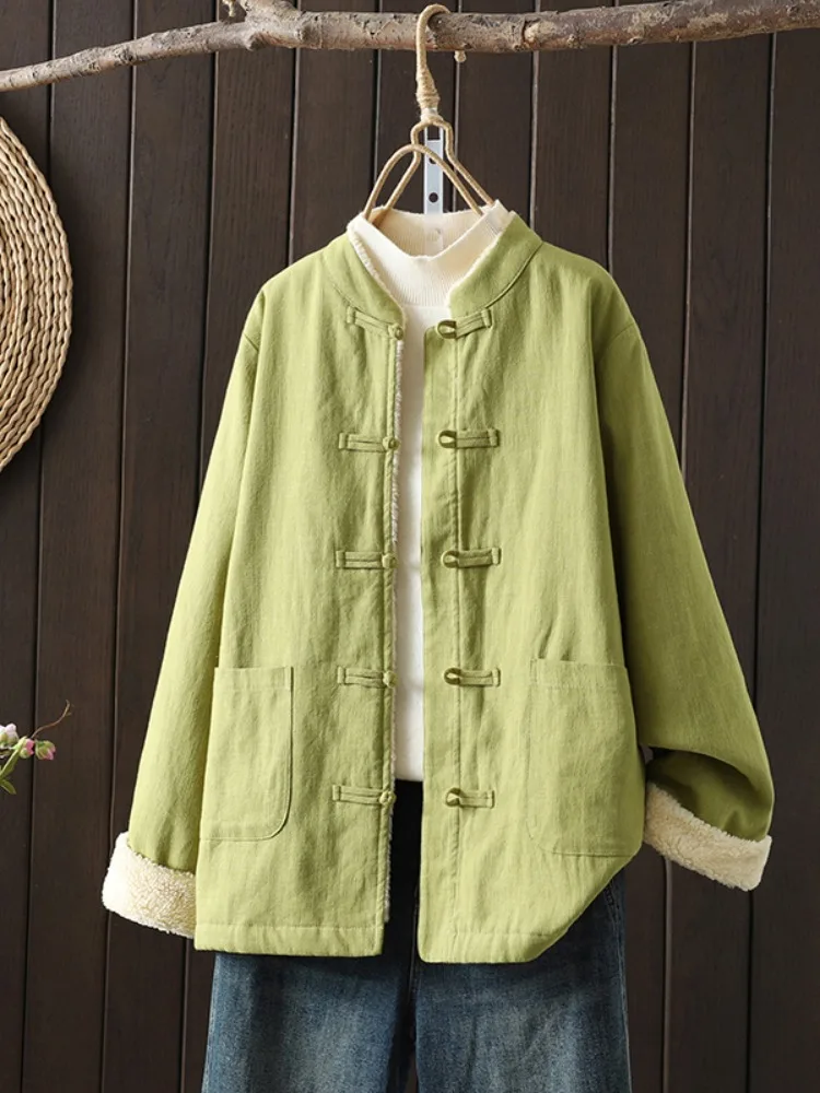

Retro Chinese Sle Women's Cotton Jaet with Stand Collar Embroidered Buttons Warm Inner Fce Long Sve Coat