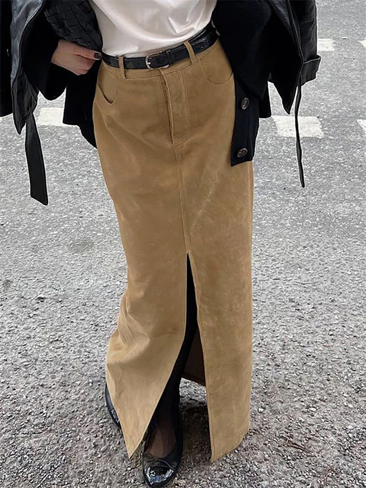 

Vintage Pocket Patchwork Long Skirt Women's High Waist Solid Elegant Commute Y2k Skirt Clothes Female Sutumn Maxi Skirt