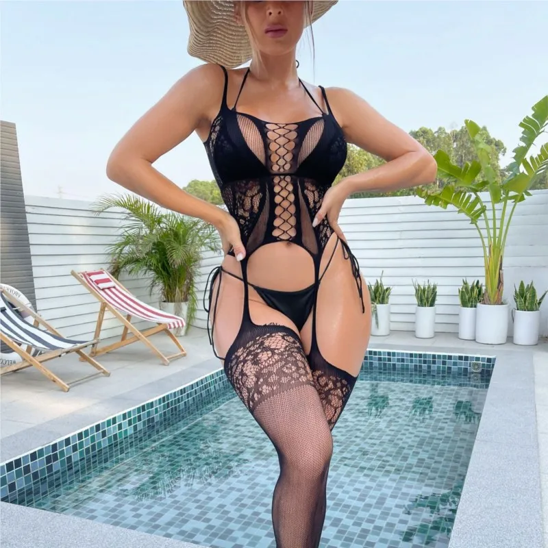 บอดี้สูท Hollow OUT Suspender กระชับดูผ่านบางที่ถอดออกได้ jumpsuit ชุดชั้นในเซ็กซี่ร้อนผู้หญิงจริยธรรมชุดชั้นใน