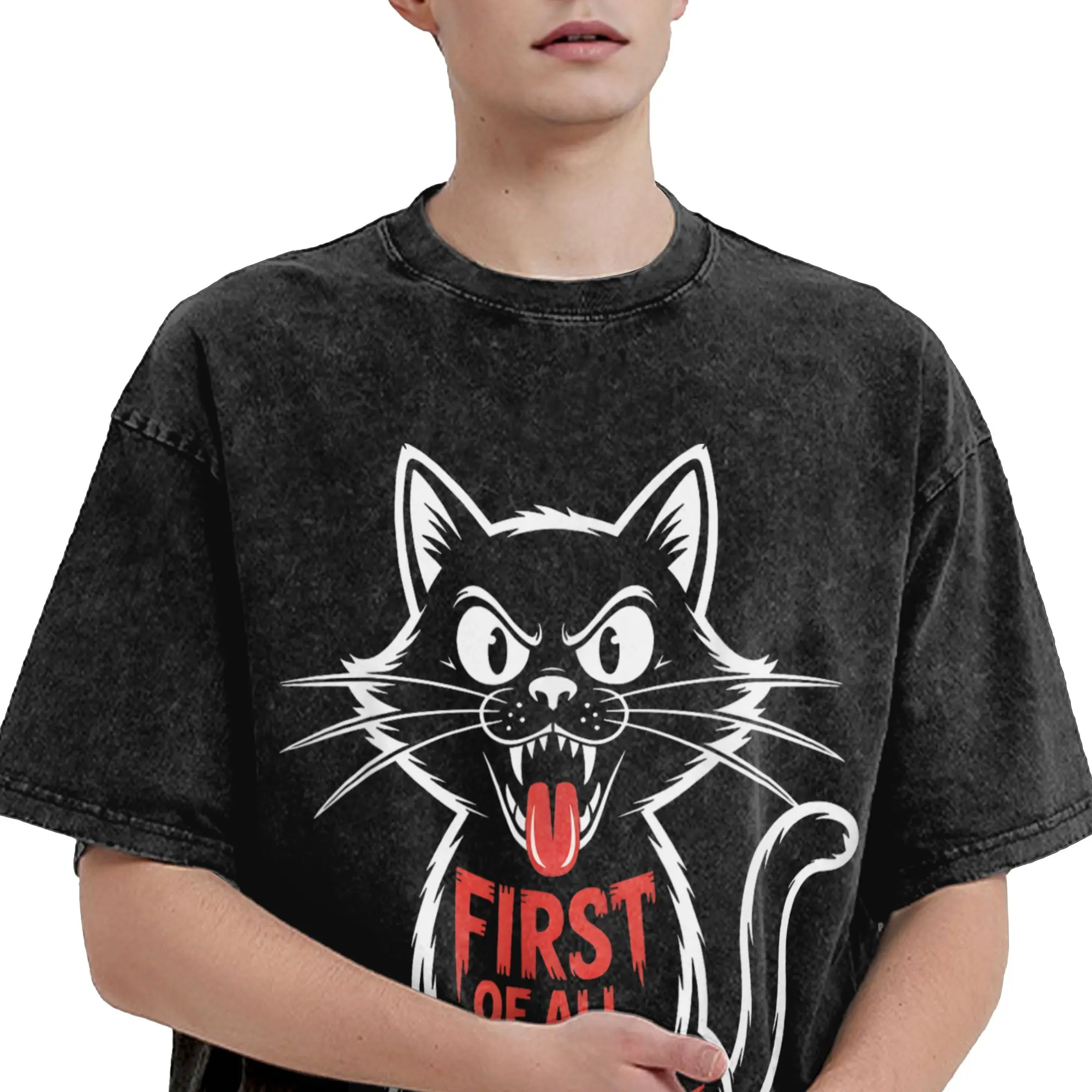 Humorous First of All I'm a Delight Roaring Black cat T-Shirt Men Crew Neck Cotton Washed T Shirt  Short Sleeve Tee Shirt