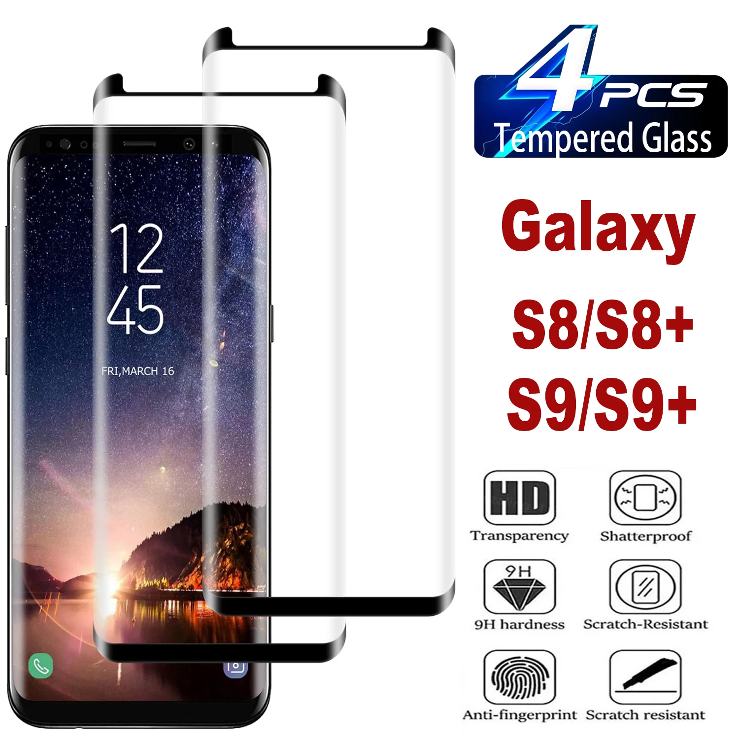 9H Curved Four Sides Glue Tempered Glass For Samsung Galaxy S8 + S9 + 2/4PCS HD Screen Protector Glass