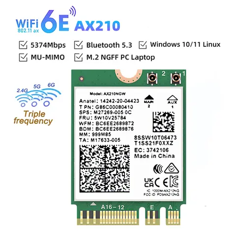 Bilashmart WiFi 6E AX210 Bluetooth 5.3 M.2 Wireless Card For Intel AX210NGW 2.4Ghz 5Ghz 6Ghz 5374Mbps 802.11ax For Laptop PC Win 10 11