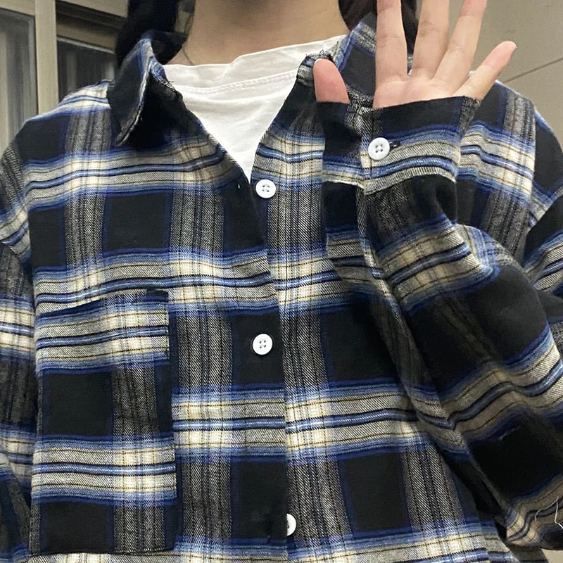 GIDYQ Women Korean Plaid Shirt Vintage Streetwear Female Loose Tops Casual Student All Match Long Sleeve Shirt Spring Summer New