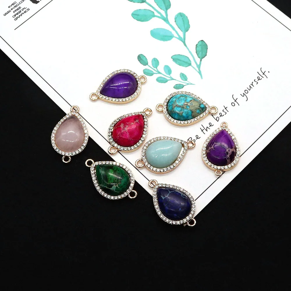 

Retro Water Drop Natural Stone Pendants Polished Amethyst Rose Quartz Emperor Stone Double Hole Charms Jewelry Making Connector