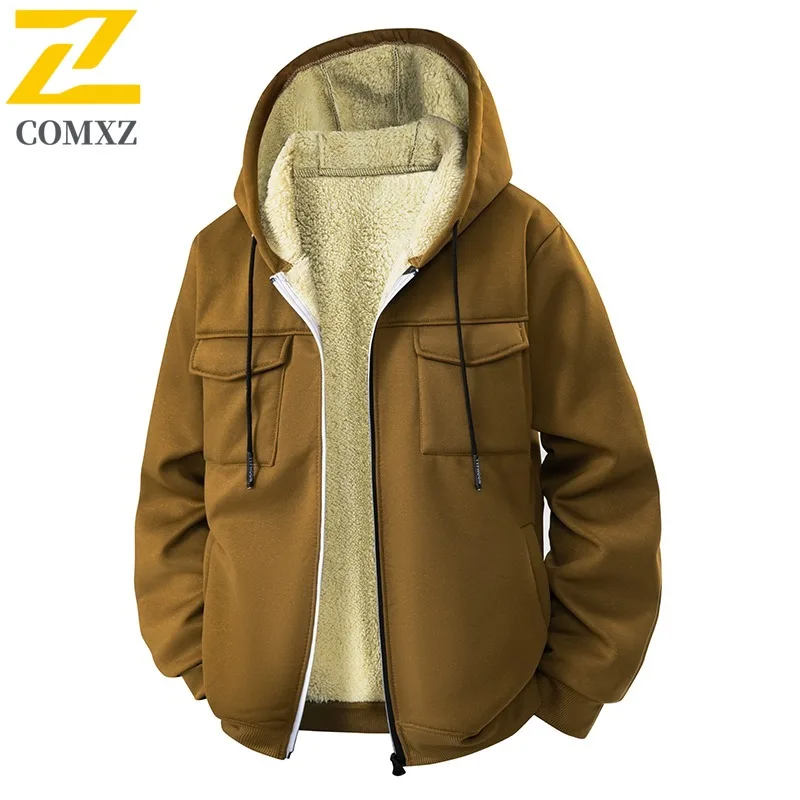 

COMXZ Men Winter Fleece Lined Cotton Jacket Loose Fit Hip Hop Hooded Coat Streetwear Thick Warm Outwear Plus Size Fashion Parka