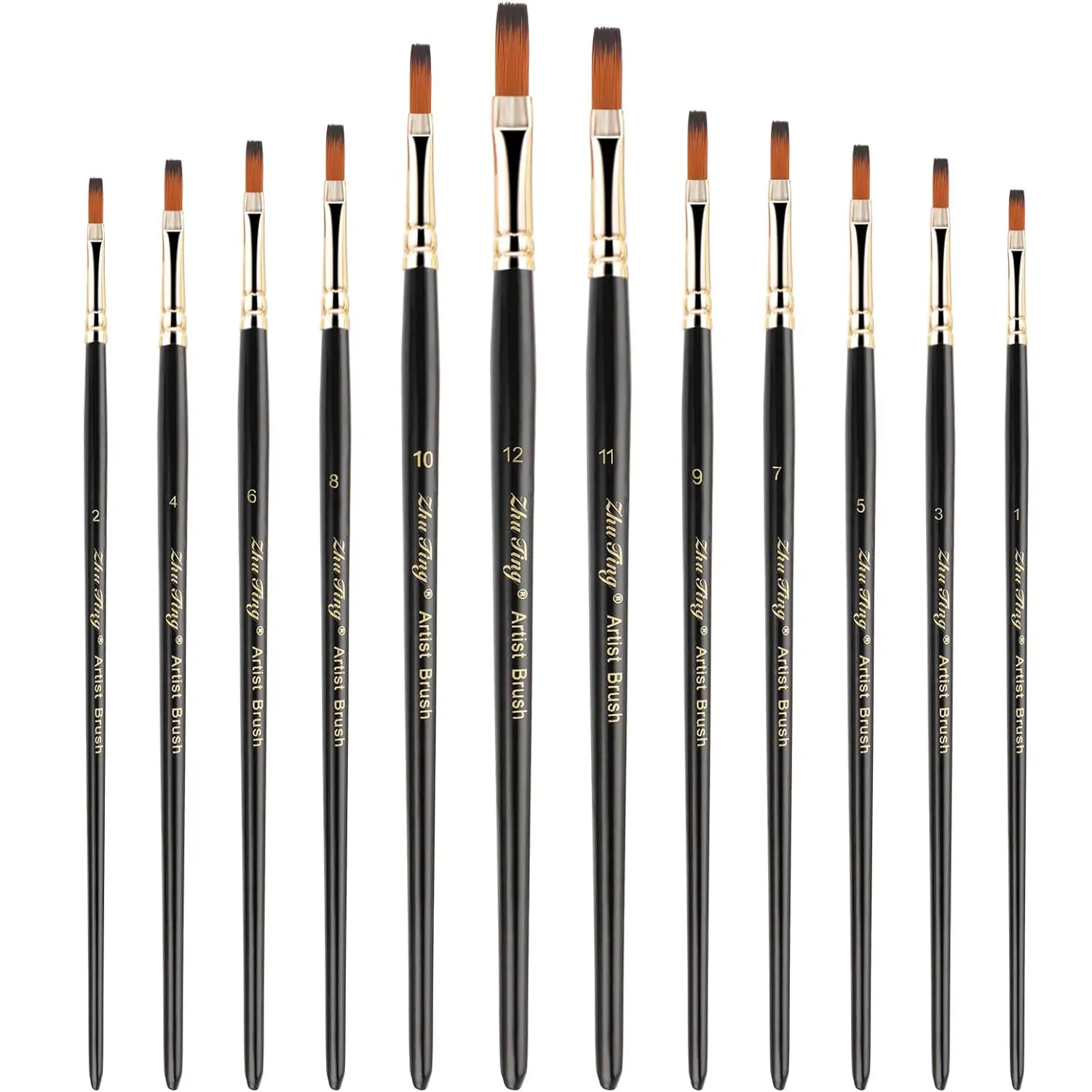 

12pcs Professional Artist Paint Brush Set, Mixed Material, Flat Type, with Durable Wooden Handles, Variety of Shapes & Sizes