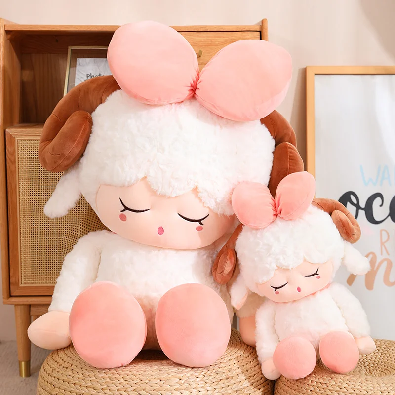 

Giant Aries Pink Bow Fluffy Sheep Plush Toys Cute Stuffed Sleeping Lamb Plushie Throw Pillow Doll for Girls Kids Gift Home Decor