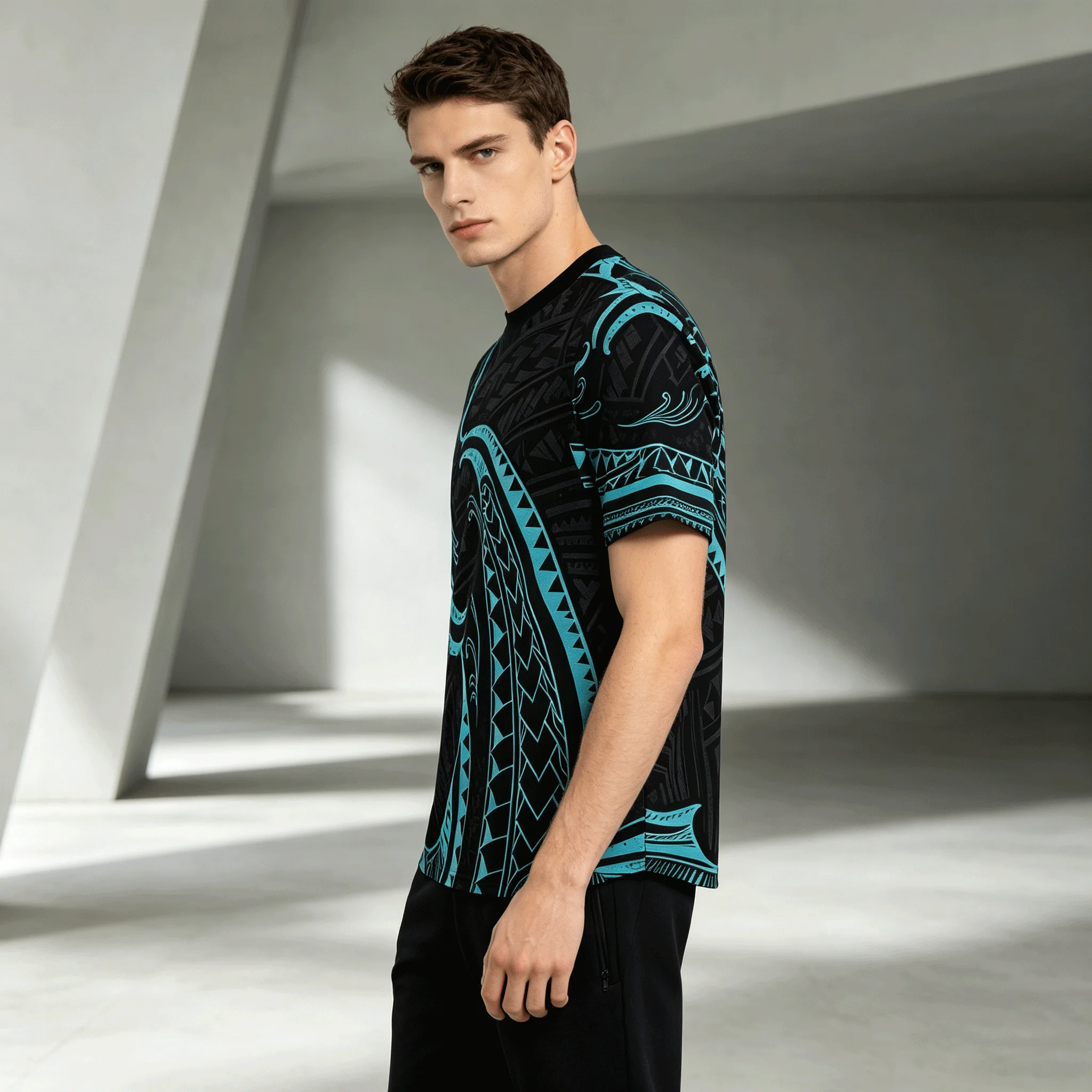 Men's Black Round Neck T-Shirt With Turquoise Tribal Totem 3D Printed Abstract Curve Triangle Ethnic Pattern Short Sleeved Shirt