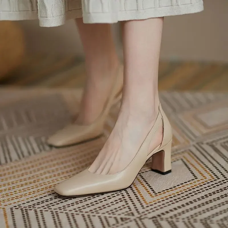 Heels Normal Leather Casual High Block Heel Nude Ladies Footwear Office Women\'s Shoes Square Toe Pumps on Heeled 39