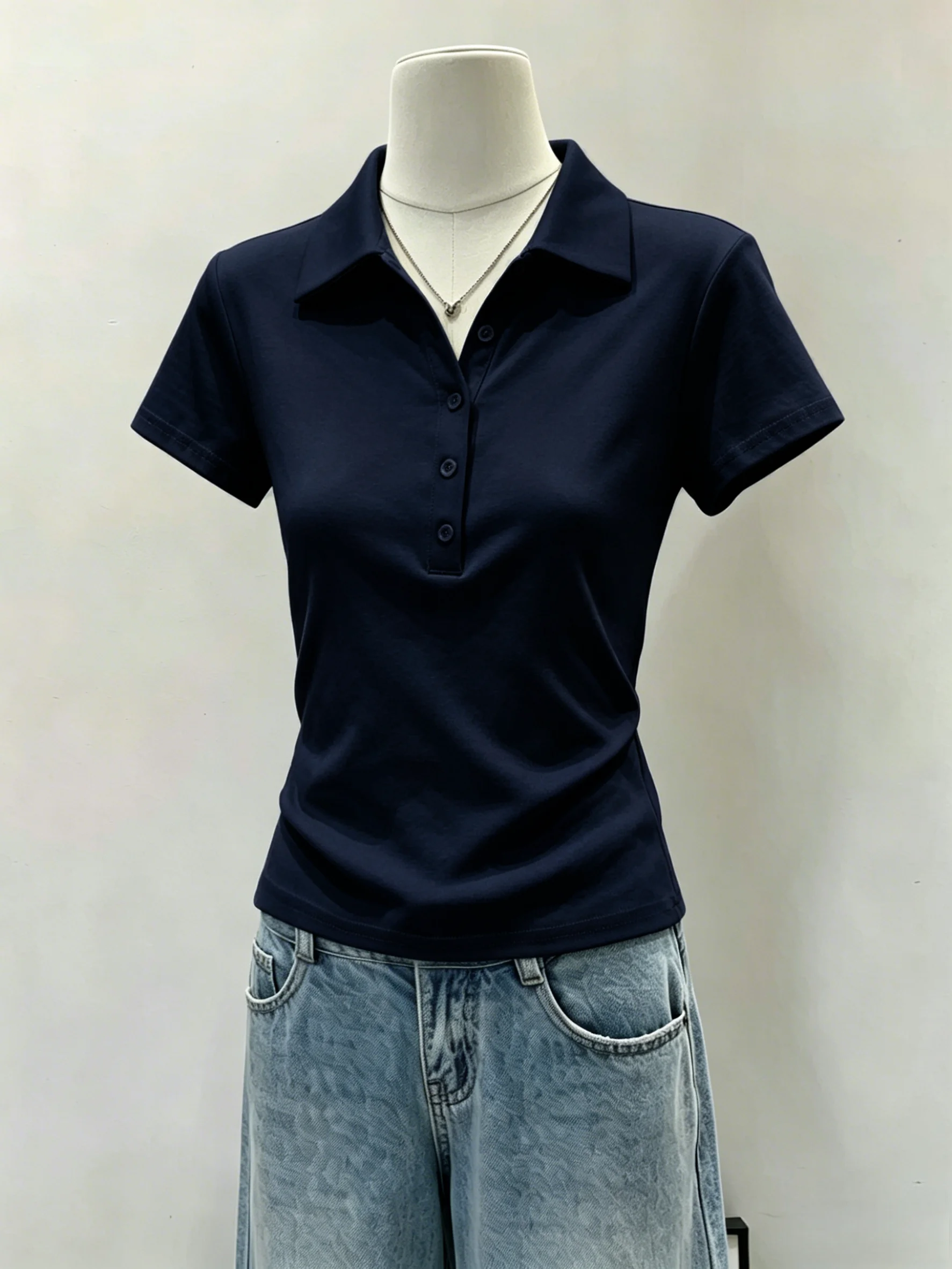 Summer Slim Fit  Neck Short Sleeve T-Shirt 95 Cotton Turn-down Collar Regular Shoulder Women's Top Casual Breathable