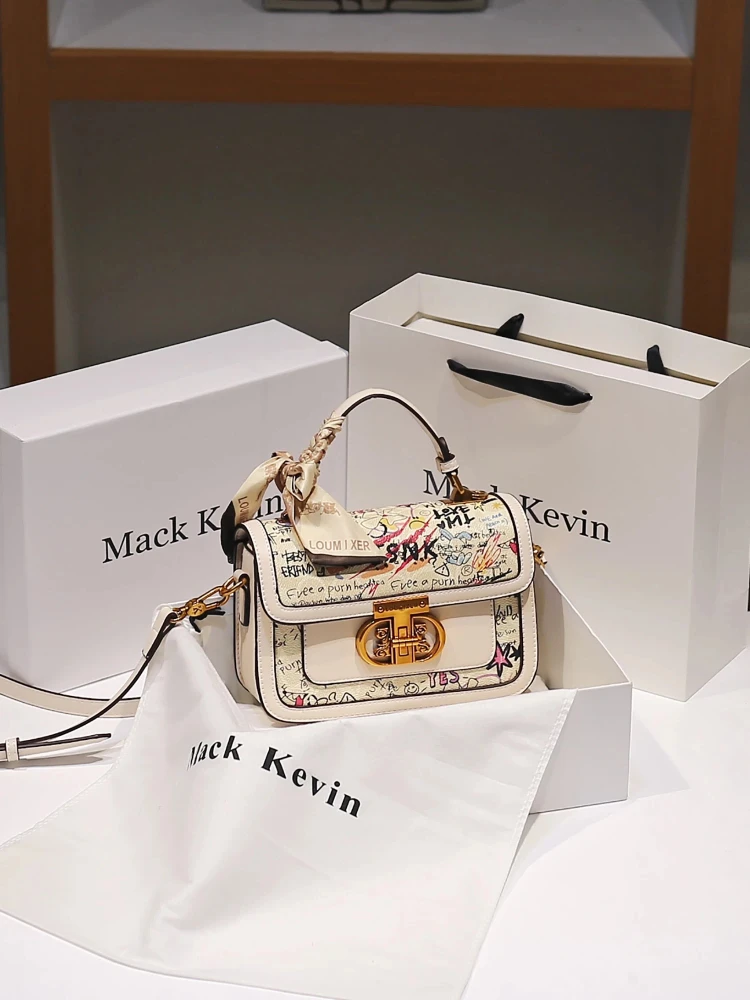 Luxury and Vintage Handheld Square Bag with Popular Cartoon Graffiti and High Quality Leather 2026 Women's Fashion Crossbody Bag